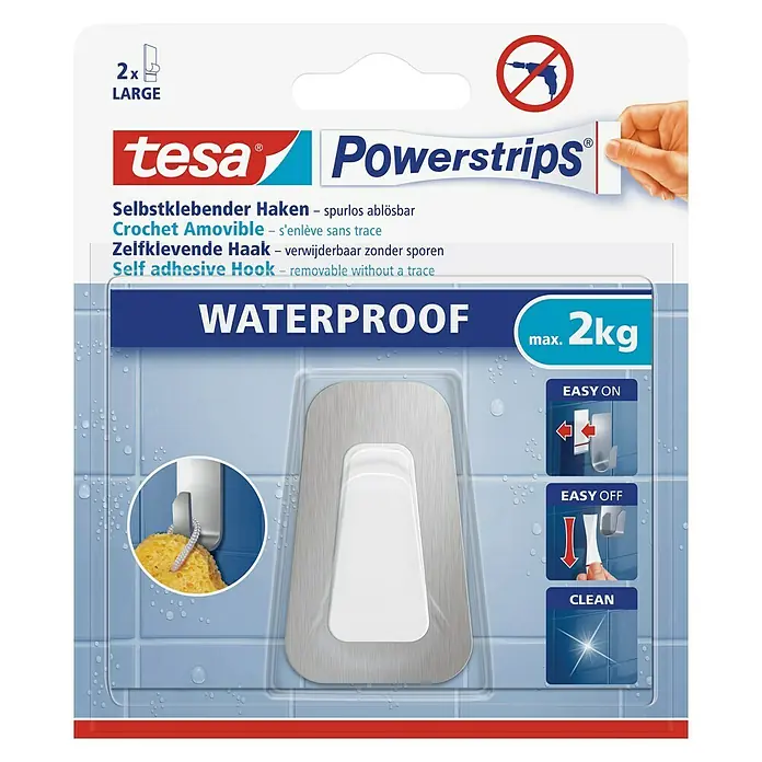 Tesa Powerstrips Wandhaken - 1 Stk., Rechteckig, Metall, Groß - Wasserdichter, selbstklebender Tesa Powerstrips Haken für bis zu 2kg Last, spurlos ablösbar, ideal für Bad & Küche.