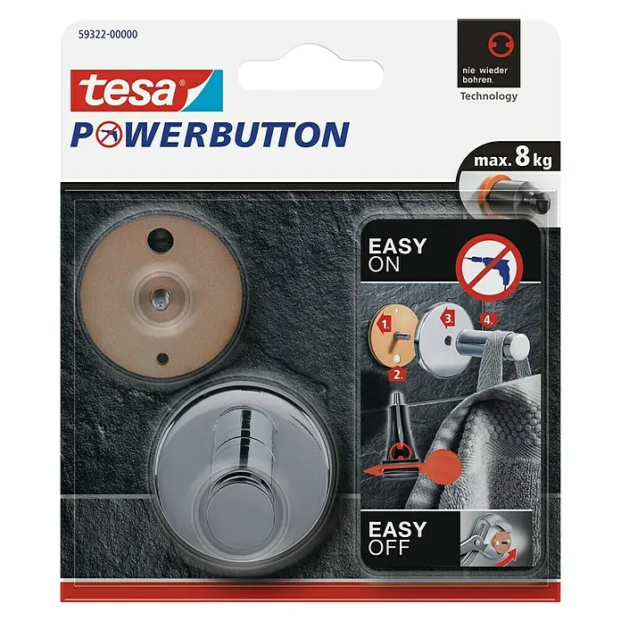 Tesa Powerbutton Wandhaken - Größe: Groß, Rund, Selbstklebend - Tesa Powerbutton: Eine innovative Lösung für die Befestigung ohne Bohren, ideal für Bad und Küche. Hält bis zu 8 kg.