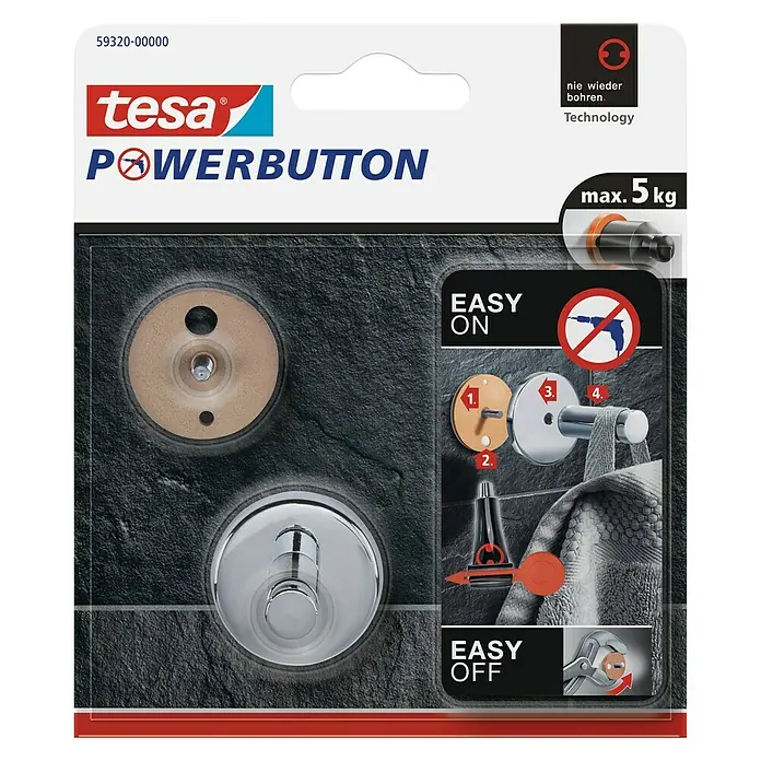 Tesa Powerbutton Wandhaken - Größe: Klein, Rund, Selbstklebend - Abbildung der Tesa Powerbutton-Verpackung mit den dazugehörigen Artikeln.