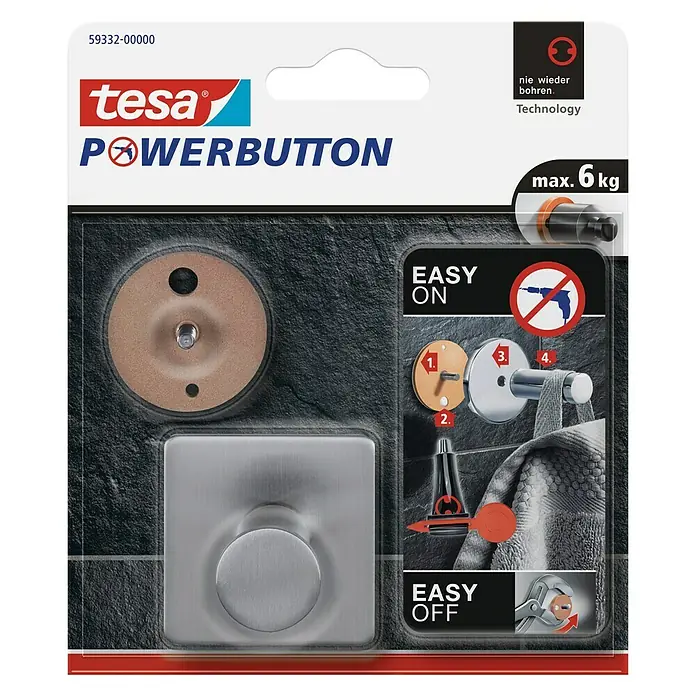 Tesa Powerbutton Wandhaken Classic - Rechteckig, Selbstklebend - Tesa Powerbutton Klebehaken: Der innovative Haken ermöglicht einfache Montage ohne Bohren und hält bis zu 6 kg. Ideal für Bad und Küche.