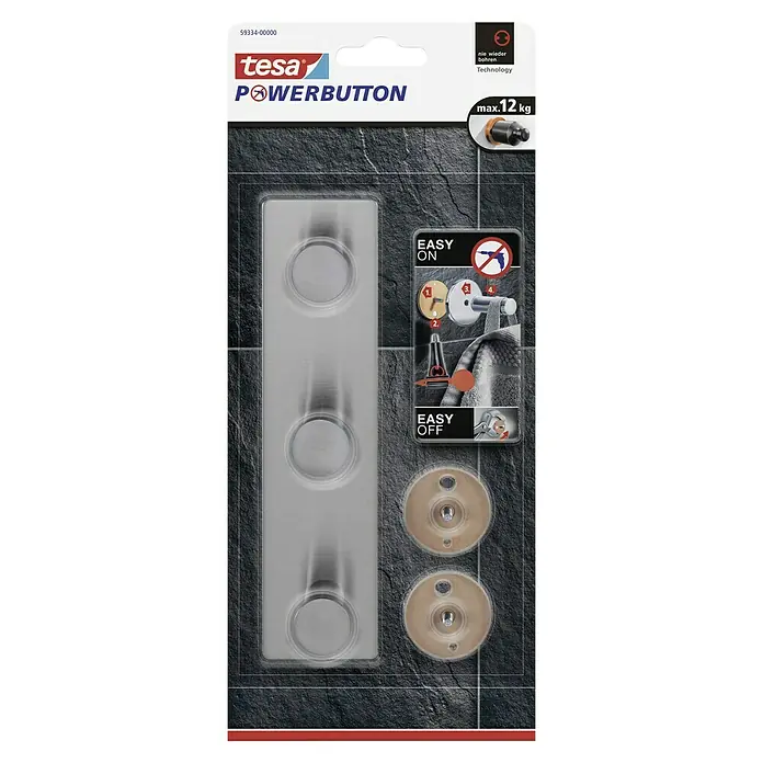 Tesa Powerbutton Hakenleiste Classic - Rechteckig, Edelstahl, Selbstklebend - Das Tesa Powerbutton Fliesen-System mit drei Haken und einfacher Montage, ohne Bohren, hält bis zu 12 kg. Ideal für Badezimmer und Küche.