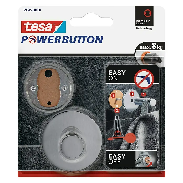 Tesa Powerbutton Wandhaken Premium - Rund, Selbstklebend - Tesa Powerbutton-Verpackung, die eine innovative Lösung für die Wandmontage ohne Bohren zeigt. Ideal für Badezimmeraccessoires mit bis zu 8 kg Belastung.
