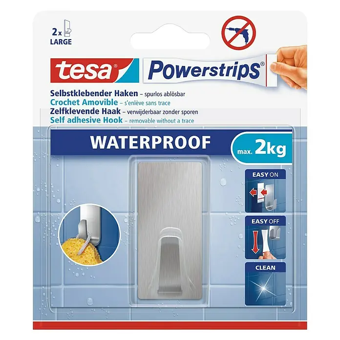 Tesa Powerstrips Wandhaken Large - Rechteckig, Selbstklebend - Bild einer Tesa Powerstrips-Packung mit wasserfesten, selbstklebenden Haken für bis zu 2 kg, ideal für Badezimmer.