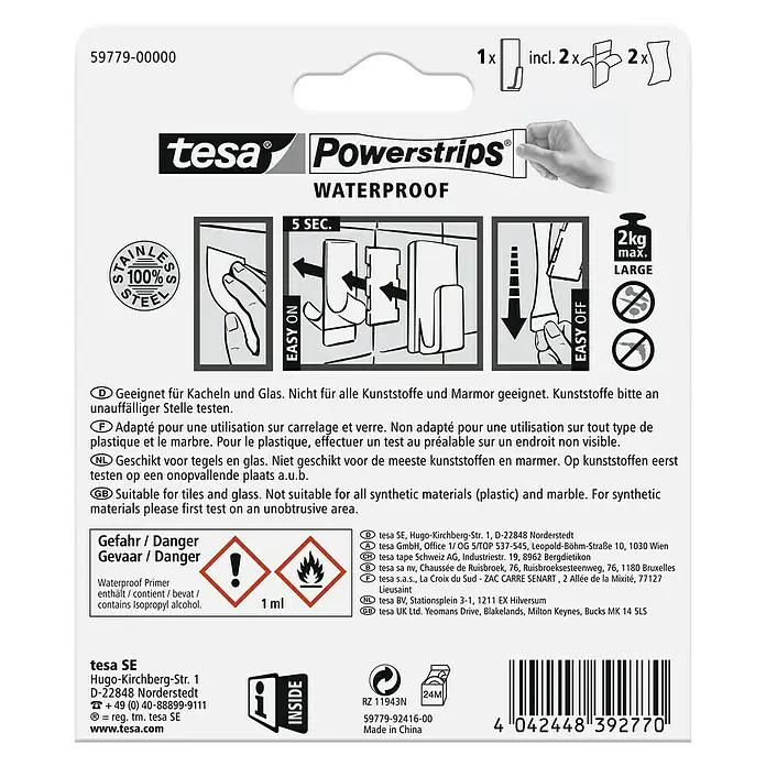 Tesa Powerstrips Wandhaken Large - Rechteckig, Selbstklebend - Tesa Powerstrips Wasserdicht: Geeignet für Fliesen und Glas, mit Hinweisen zur Anwendung und Sicherheit.