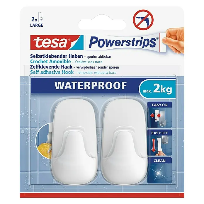 Tesa Powerstrips Wandhaken Large - 2 Stk., Kunststoff - Wasserdichte Tesa Powerstrips Haken zur einfachen Befestigung von Objekten bis zu 2 kg, ideal für Bad und Küche.