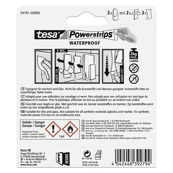 Tesa Powerstrips Wandhaken Large - 2 Stk., Kunststoff - Tesa Powerstrips Waterproof Verpackung. Wasserdichte Klebestreifen für Fliesen und Glas, nicht für alle Kunststoffe und Marmor geeignet.