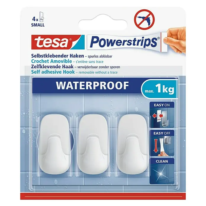 Tesa Powerstrips Wandhaken Small - 3 Stk., Kunststoff - Tesa Powerstrips Haken: Selbstklebende, wasserfeste Haken, die spurlos ablösbar sind, ideal für Badezimmer und Küche.