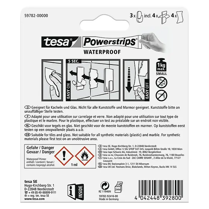 Tesa Powerstrips Wandhaken Small - 3 Stk., Kunststoff - Tesa Powerstrips Waterproof: Ideal für Kacheln und Glas, mit Hinweisen zu Materialien, Primer und Anwendung.