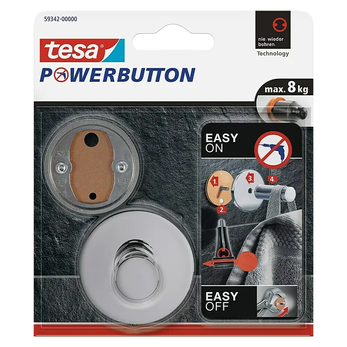 Tesa Powerbutton Handtuchhaken Premium - Rund, Selbstklebend - Tesa Powerbutton Bad-Haken im Paket, der eine einfache Montage ohne Bohren mit einer Tragkraft von bis zu 8 kg verspricht.