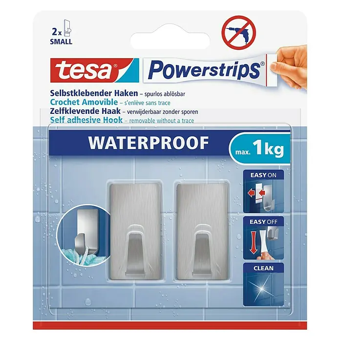 Tesa Powerstrips Wandhaken Small - 2 Stk., Metall - Bild einer Tesa Powerstrips Packung mit zwei selbstklebenden, wasserfesten Haken zur einfachen Befestigung ohne Bohren.