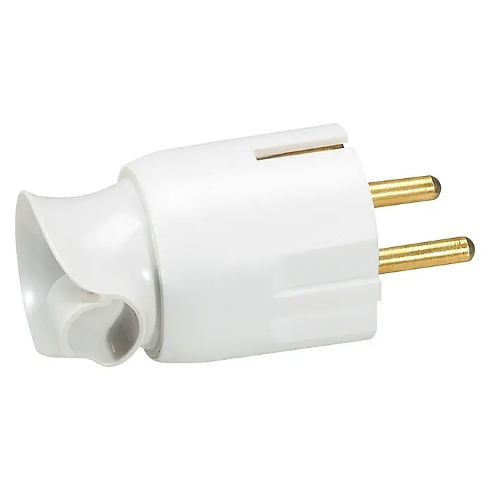 Legrand Schutzkontaktstecker - Weiß, Kunststoff, 230 V - Nahaufnahme eines weißen Schukosteckers mit zwei goldenen Stiften. Dieser Adapter ermöglicht das Anschließen von Geräten mit unterschiedlichen Steckertypen.