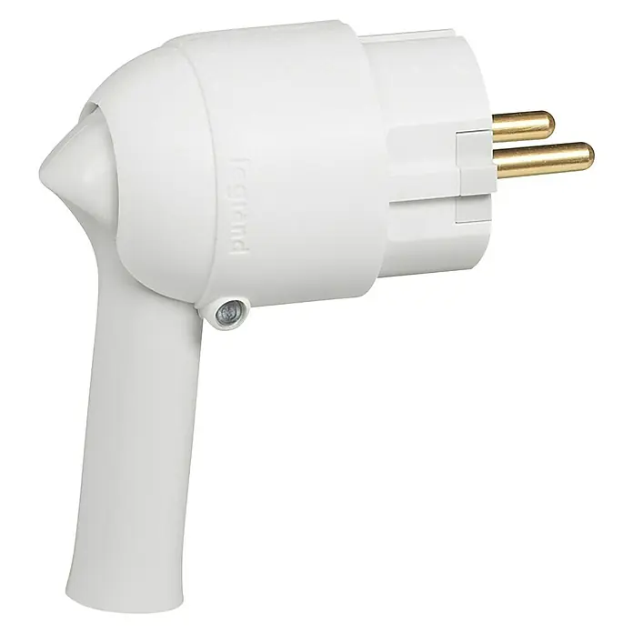 Legrand Clavija de protección angular - 230 V, IP20, Blanco, Protección contra el doblado del cable - Enchufe blanco Legrand con mango en ángulo y dos pines para conexión eléctrica.