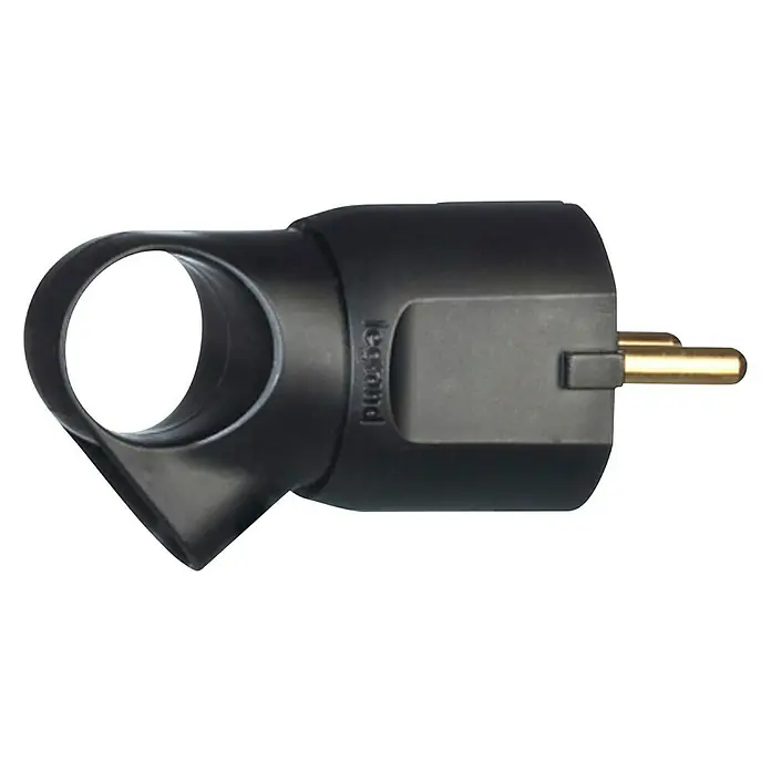 Legrand Schutzkontaktstecker - Schwarz, Kunststoff, IP20 - Das Bild zeigt eine schwarze Legrand-Steckdose mit zwei Stiften, die für Elektroinstallationen und Stromanschlüsse verwendet wird.