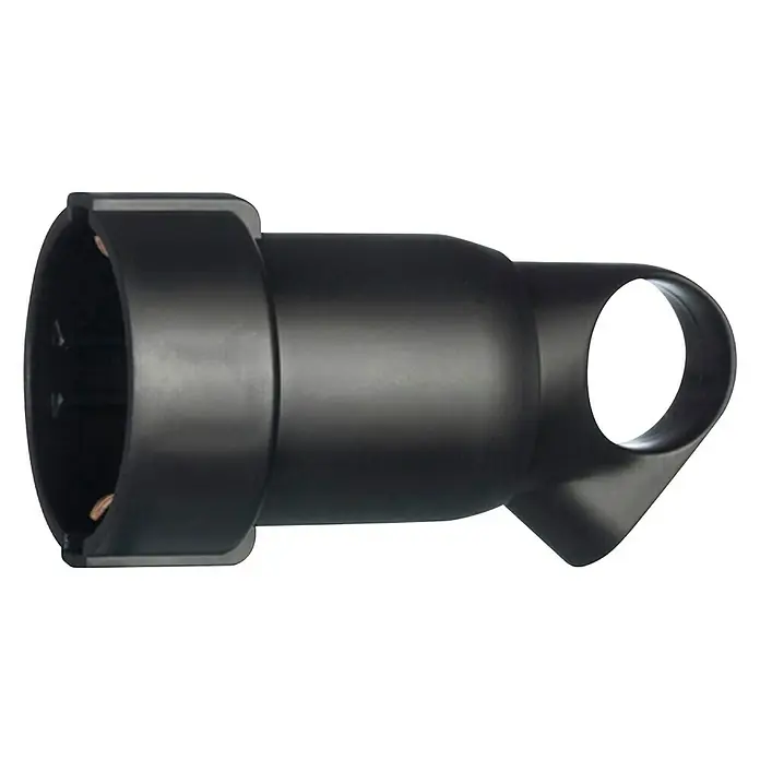 Legrand Schutzkontakt-Kupplung - Schwarz, Kunststoff, 230 V - Nahaufnahme eines schwarzen Kunststoff-Haartrockner-Diffusors auf schwarzem Hintergrund. Das Produkt ist matt und zylindrisch mit einer Schlaufe.