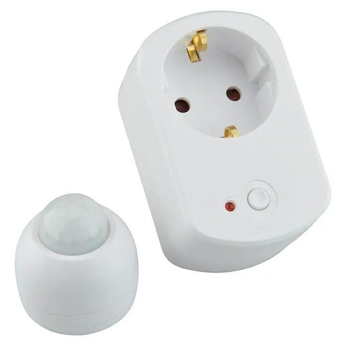 Voltomat Zwischenstecker mit Funk-Bewegungsmelder - 230 V, Max. Leistung: 2.500 W - Weiße Steckdose mit Bewegungsmelder und Ein/Aus-Schalter, ideal für automatische Beleuchtung.