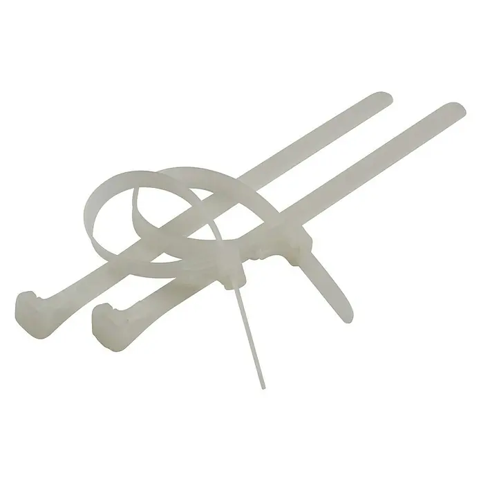 BAUHAUS Kabelbinder - Natur, L x B: 300 x 7,2 mm, 25 Stk. - Drei weiße Kabelbinder auf schwarzem Hintergrund, einige davon sind bereits geschlossen. Vielseitig einsetzbare Helfer zum Bündeln und Befestigen.