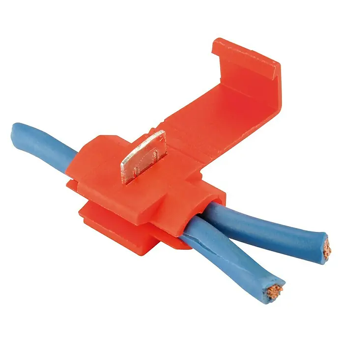 BAUHAUS Schnellverbinder - 10 Stk., Blau - Ein roter Abzweigverbinder, der zwei blaue Drähte verbindet, wobei die freigelegten Enden sichtbar sind.