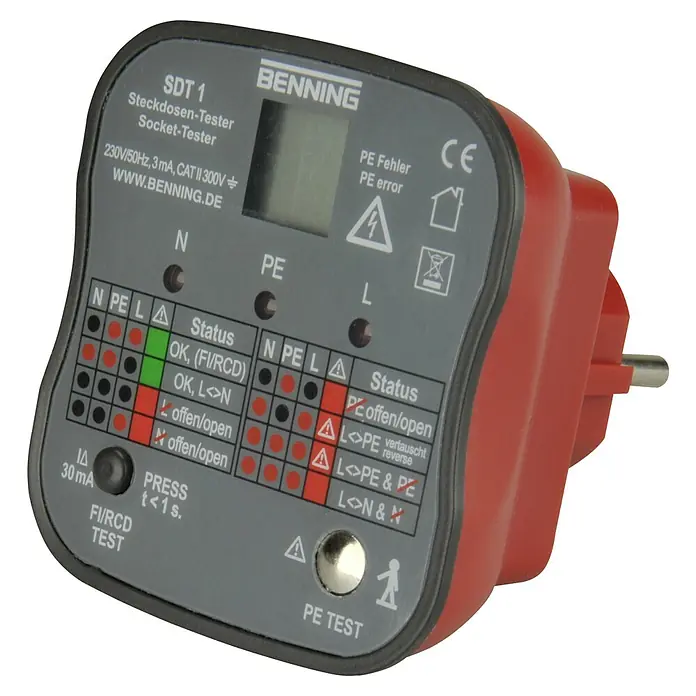 Benning Steckdosentester SDT 1 - 230 V - Das Benning SDT 1 Steckdosen-Prüfgerät zur schnellen Analyse von Steckdosen. Kompaktes Design, zeigt Fehlerzustände klar an.