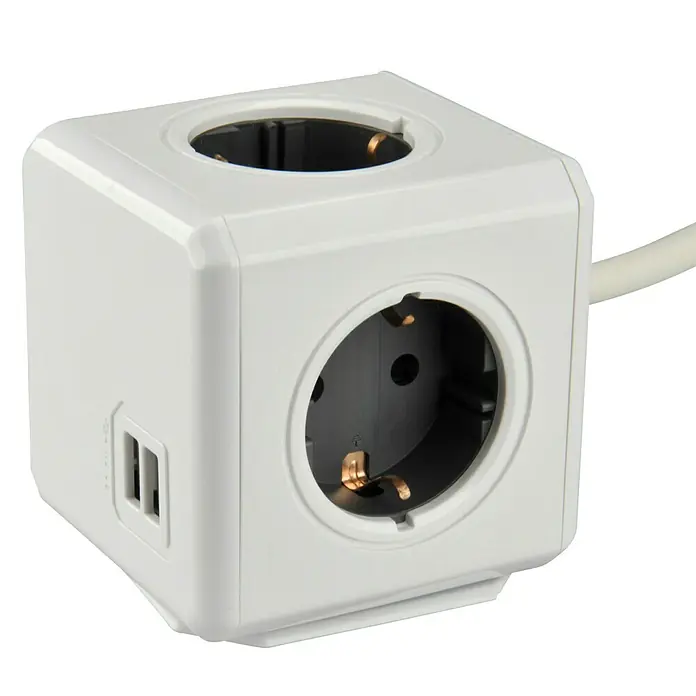 Cubo con enchufes Powercube - x 4, Gris, 1,5 m - Regleta en forma de cubo con múltiples enchufes y puertos USB para el funcionamiento simultáneo de varios dispositivos.