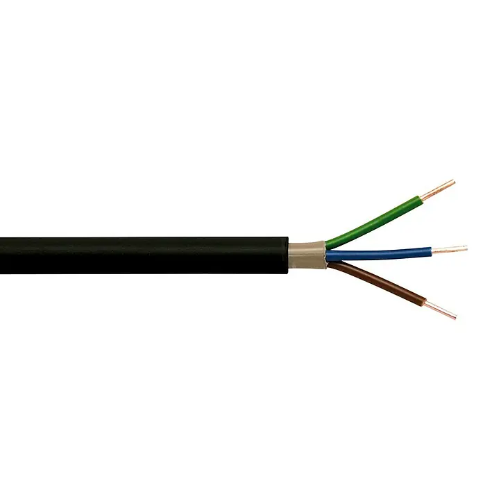 Erdkabel NYY-J 3x1,5 mm² - NYY-J, 3, 1,5 mm², 25 m, Schwarz - Nahaufnahme eines dreiadrigen Elektrokabels mit farbcodierten Adern, die aus der Ummantelung ragen.
