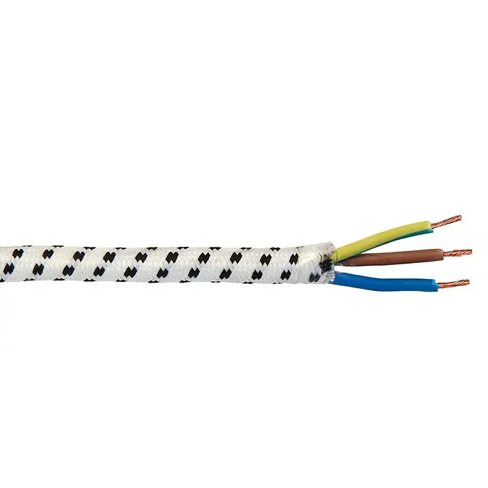 Bügeleisenleitung H03RT-F 3G0,75 mm² - Schwarz/Weiß, 3 m - Ein weißes, textilummanteltes Stromkabel mit drei farbigen Adern: Gelb-Grün, Braun und Blau. Ideal für Lampen und andere Elektrogeräte.