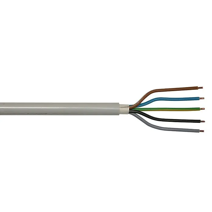 Mantelleitung Meterware NYM-J 5x4 mm² - Anzahl Adern: 5, 4 mm², Grau - Abisolierte Stromleitung mit Adern in Braun, Blau, Grün, Schwarz und Grau, die aus dem grauen Kabelmantel ragen.