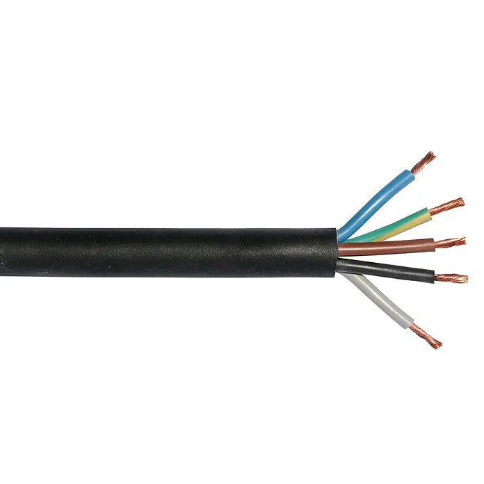 Gummileitung Meterware H07RN-F 5G4,0 mm² - Anzahl Adern: 5, 4 mm², Schwarz - Ein Stromkabel mit fünf farbcodierten Einzeladern, die aus einem schwarzen Kabelmantel herausragen.