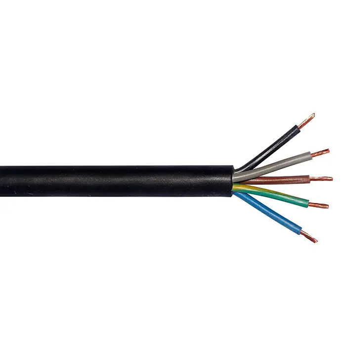 Gummileitung Meterware H05RR-F 5G1,5 mm² - Anzahl Adern: 5, 1,5 mm², Kabeltyp: H05RR-F, Schwarz - Nahaufnahme eines schwarzen Elektrokabels, dessen isolierte Kupferadern in verschiedenen Farben freiliegen.