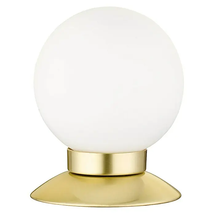 Reality Leuchten LED-Tischleuchte rund Princess - 3 W, Ø x H: 100 mm x 13 cm, Messing, Warmweiß - Nahaufnahme einer goldenen Kugellampe mit einem runden, weißen Lampenschirm, die ein sanftes, einladendes Licht ausstrahlt.