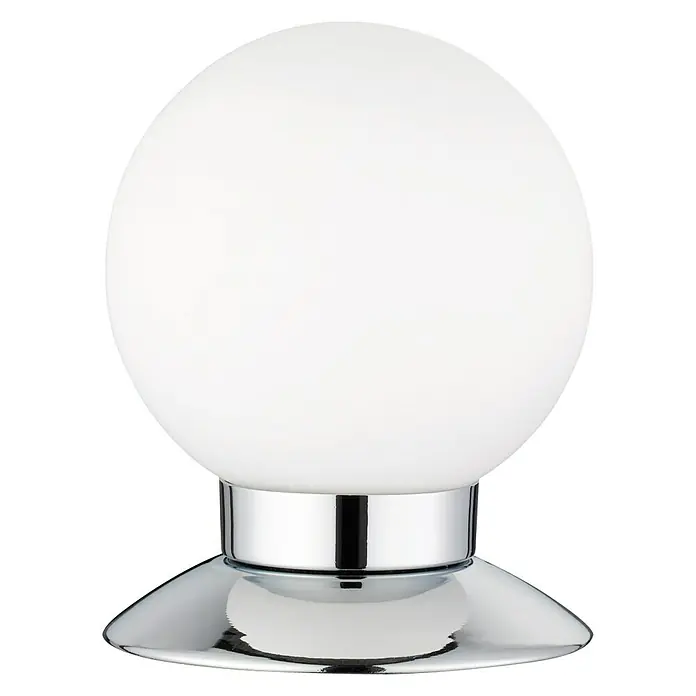 Reality Leuchten LED-Tischleuchte rund Princess - 3 W, Ø x H: 100 mm x 13 cm, Chrom, Warmweiß - Elegante Tischleuchte mit einem kugelförmigen, weißen Lampenschirm und einem glänzenden, verchromten Fuß, die jedem Raum eine moderne Note verleiht.