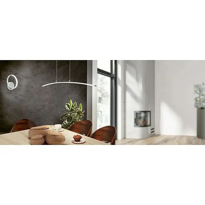 Eglo Style LED-Pendelleuchte Lasana - L x H: 90 x 100 cm - Moderne Esszimmerbeleuchtung mit einer schlanken, gebogenen Pendelleuchte und einer runden Wandleuchte für ein stilvolles Ambiente.