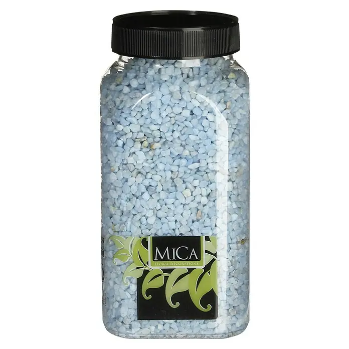Piedras decorativas - Azul, Tamaño de grano: Ø 2 - 3 mm, 1 kg - Tarro de vidrio lleno de piedras decorativas azul claro MICA, ideal para arreglos florales y decoraciones de mesa.