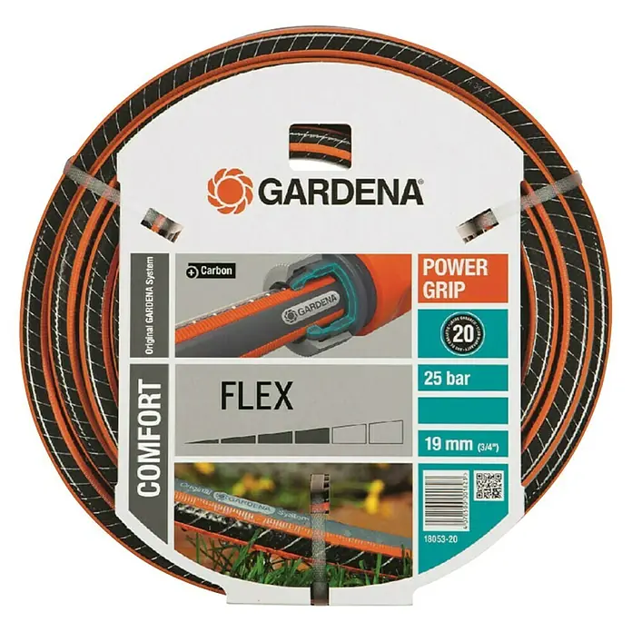 Gardena Comfort Flex Schlauch - Länge: 50 m, Schlauchdurchmesser: 19 mm - Abbildung eines GARDENA Comfort Flex Gartenschlauchs. Er verfügt über Power Grip, Carbon und Original GARDENA System.