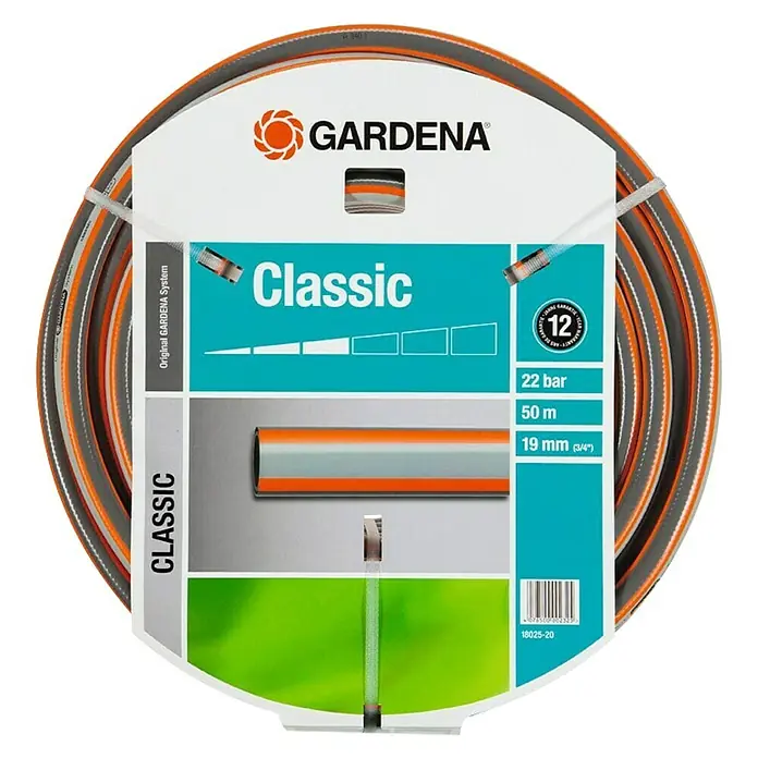 Gardena Classic Gartenschlauch - Länge: 50 m, Schlauchdurchmesser: 19 mm, Berstdruck: 22 bar - Abbildung einer Gardena Classic Gartenschlauchrolle, 50m lang und 19mm breit. Das Produkt ist bekannt für seine Qualität und Langlebigkeit.