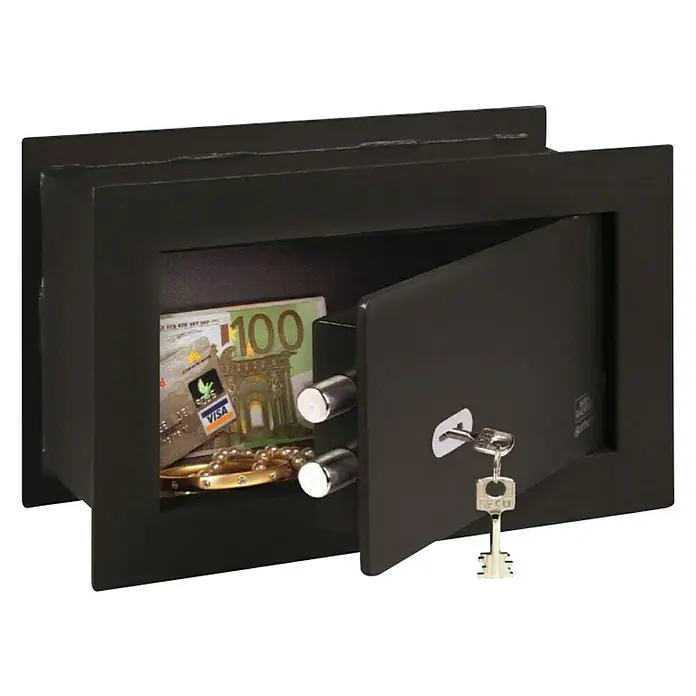 Burg-Wächter Caja fuerte empotrable PW1S - 148 x 260 x 180 mm, Candado de alta seguridad de doble paleta - Una caja fuerte abierta con dinero en efectivo, joyas y una tarjeta de crédito, asegurada con una llave.