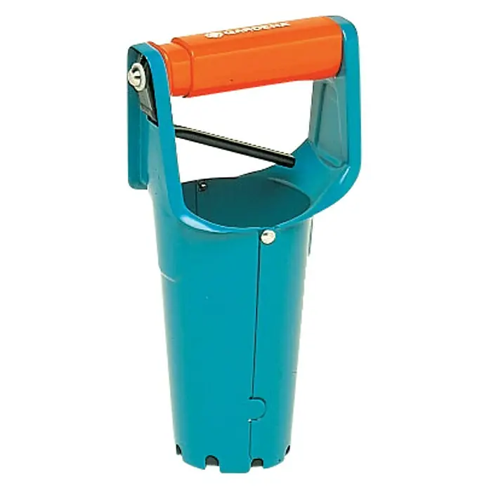 Gardena Hand-Blumenzwiebelpflanzer - Länge: 250 mm, Stahl - Das Bild zeigt einen GARDENA Pflanzenstecher, ein Gartengerät zum einfachen Einsetzen von Setzlingen und Jungpflanzen. Er ist blau und orange.