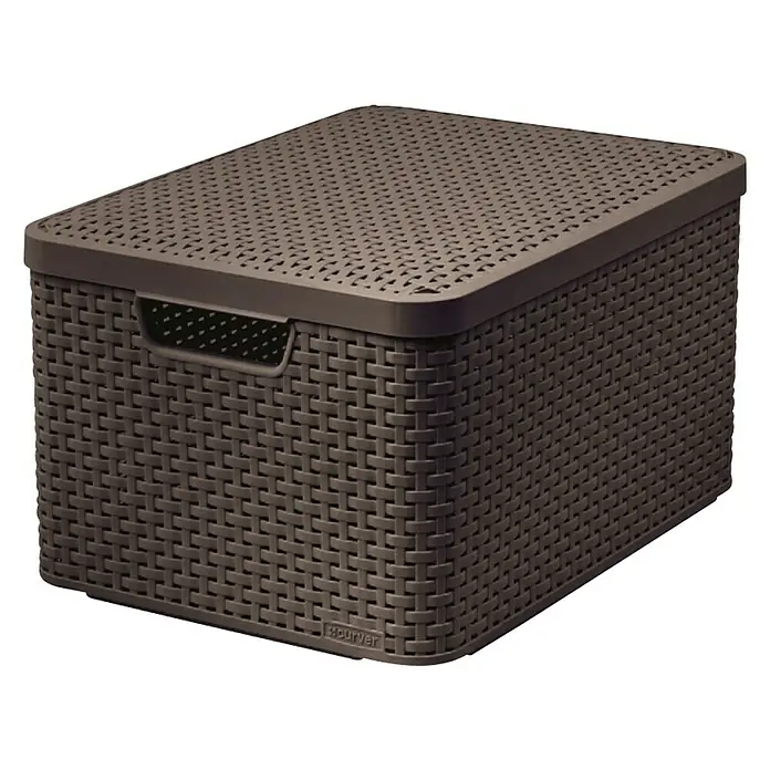 Curver Cesto de cuero para la leña - L x An x Al: 44,2 x 33,2 x 24,9 cm, Marrón - Cesta de almacenamiento Curver marrón con tapa y diseño de mimbre, ideal para organizar artículos del hogar.