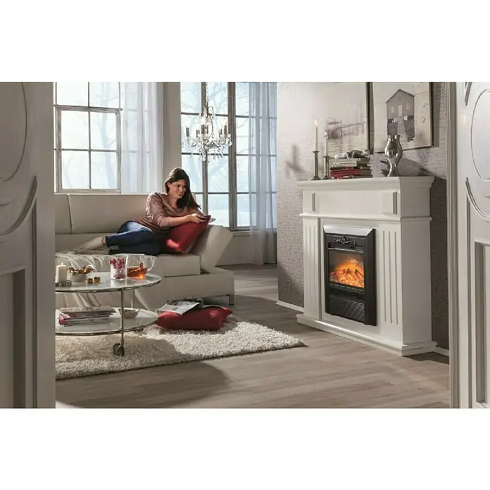 Elektrischer Kamin - Weiß/Schwarz, L x B x H: 26 x 109 x 100 cm - Elektrischer Kamin mit weißem Rahmen in einem eleganten Wohnzimmer, der Wärme und Ambiente bietet.\n