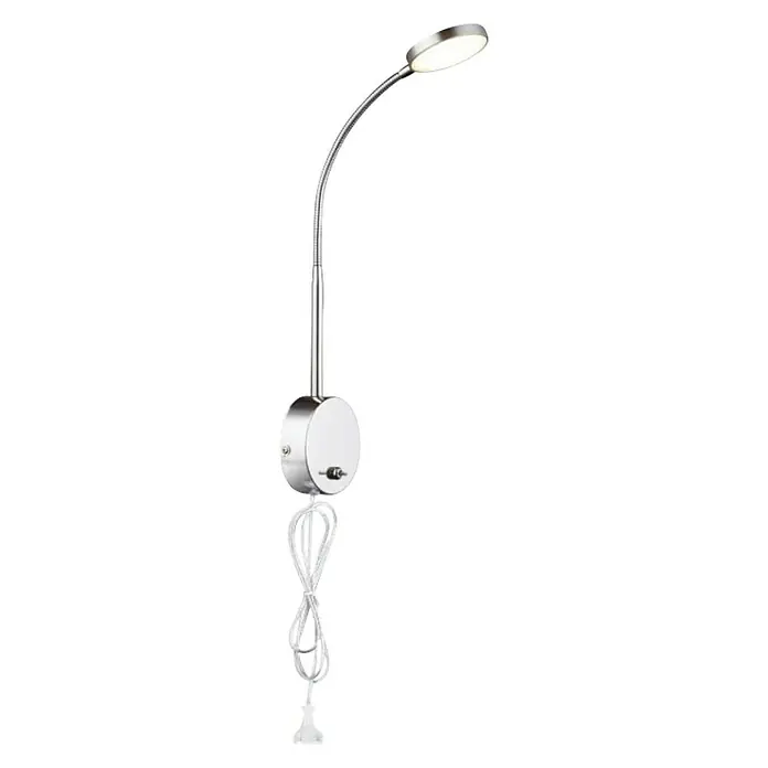 Globo Aplique de pared LED - 6 W, L x An x Al: 30 x 9 x 51 cm, Aluminio, Cromo, Transparente, Blanco cálido - Una elegante lámpara de pared plateada con un brazo flexible y un cabezal de luz LED redondo, ideal para dormitorios o rincones de lectura.