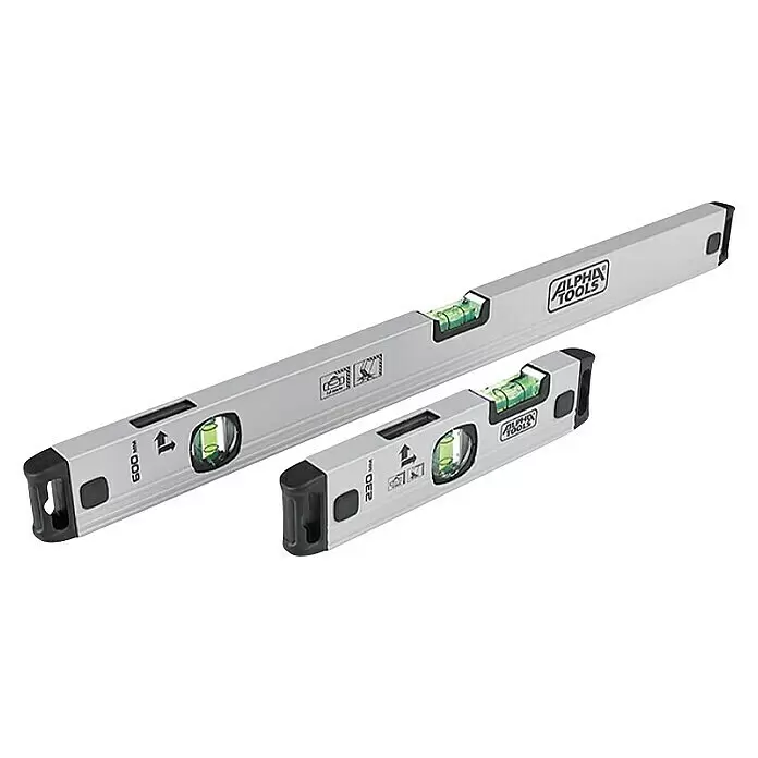 Alpha Tools Set de niveles de burbuja - 2 pzs. - Dos niveles de burbuja Alpha Tools plateados con extremos negros y viales verdes, uno de 600mm y otro de 230mm.