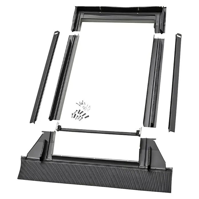 Velux Marco integrado ondulado EDW MK04 0000 - 78 x 98 cm - Un kit de tapajuntas para ventanas de techo de metal oscuro desmontado, que consta de varias piezas y tornillos, listo para instalar.