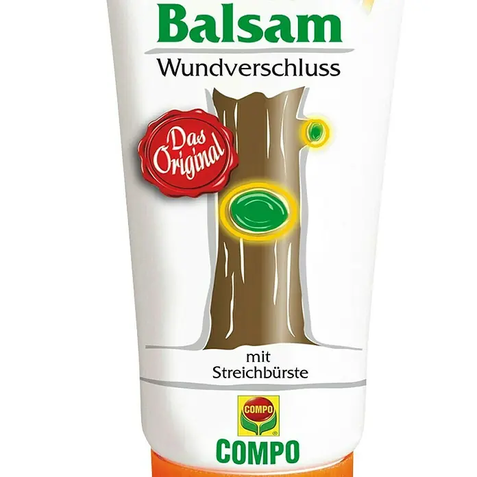 Compo Bio-Wundbalsam Lac Balsam® - 385 g - Abbildung einer Tube Compo Balsam Wundverschluss, einem Produkt zur Behandlung von Baumwunden, mit Baumillustration und "Das Original"-Siegel.
