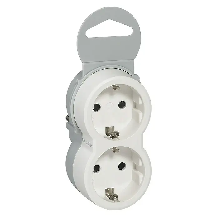 Legrand Bola de enchufes doble - x 2, Blanco - Enchufe doble con dispositivo para colgar en blanco y gris, ideal para uso flexible en interiores con una capacidad de carga de hasta 3680W.