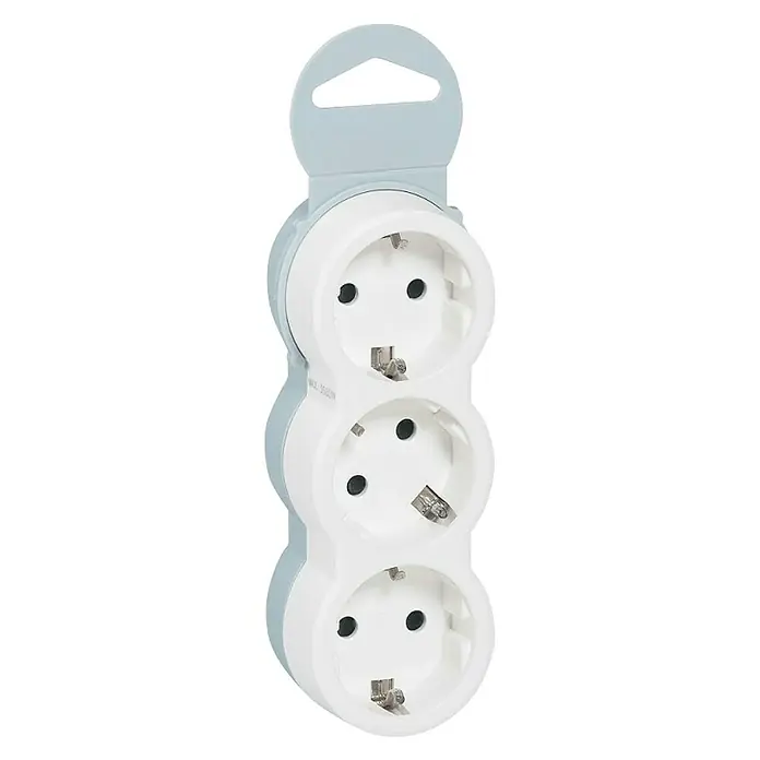 Legrand Base de enchufe múltiple frontal - x 3, Blanco - Regleta triple de enchufes Euro en blanco y azul con dispositivo para colgar. Para un uso flexible de dispositivos en el hogar o la oficina.
