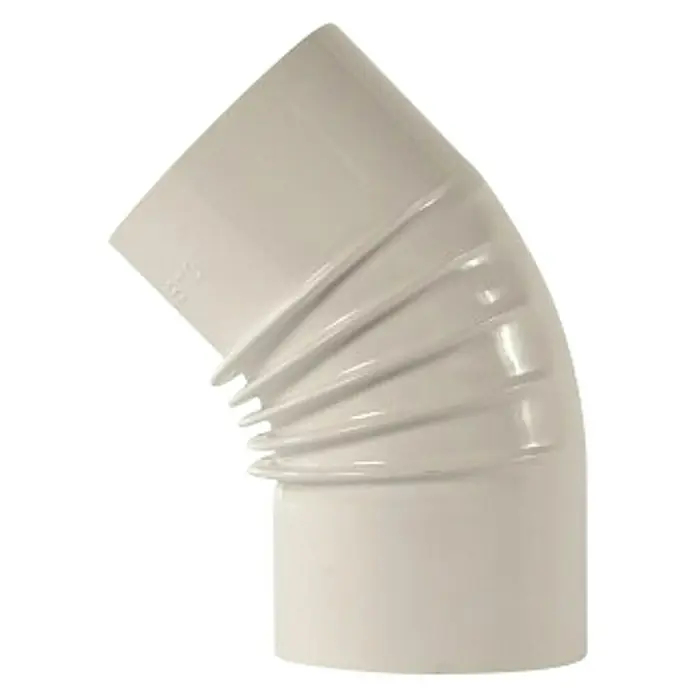 Bertrams Rohrbogen DM 120 - Durchmesser: 120 mm, 45 ° - Ein weißer PVC-Bogen Verbinder, verwendet um zwei Rohre in einem Winkel von 45 Grad zu verbinden, mit abgetrepptem Design zur besseren Abdichtung.