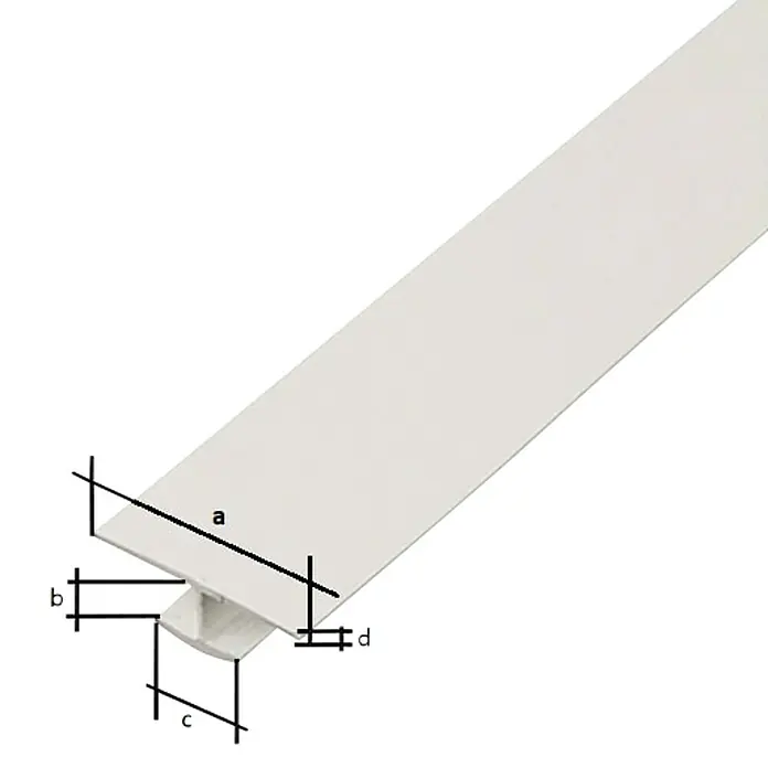 Stabilit Perfil en H - 2.000 x 25 x 4 mm, Espesor: 1 mm, Plástico, Blanco - Esta imagen muestra una moldura blanca con perfil en T. La moldura tiene forma de T y se muestra en perspectiva oblicua.