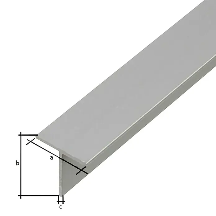 Stabilit Perfil en T - 1.000 x 35 x 35 mm, Espesor: 3 mm, Plateado - Primer plano de un perfil en T de metal, utilizado para la construcción o la decoración. Su superficie lisa y sus ángulos precisos lo hacen destacar.
