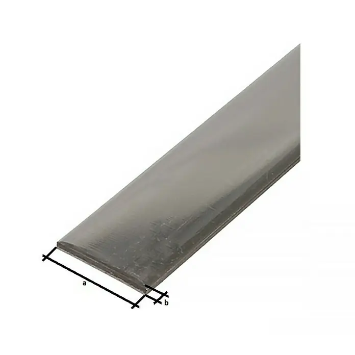 Alberts Perfil plano - L x An x Es: 2.000 x 15 x 2 mm, Plateado - Primer plano de un carril metálico con dimensiones a y b. Ideal para la construcción, modelismo o proyectos de bricolaje.