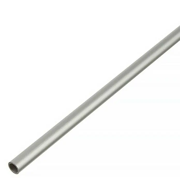 Stabilit Tubo redondo - Ø x L: 15 x 1.000 mm, Acero gris, Eloxado - Imagen de una varilla metálica plateada que se extiende diagonalmente sobre un fondo blanco. La varilla es hueca y refleja la luz.