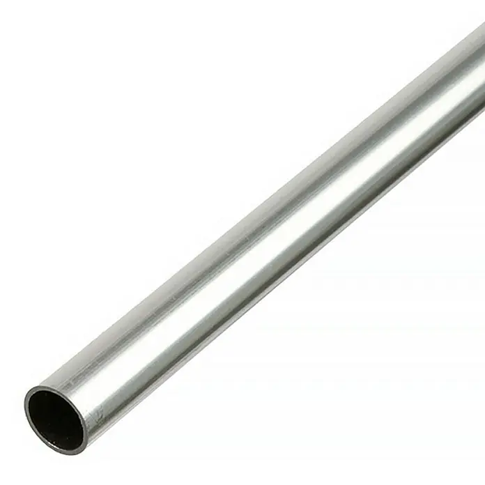 Alberts Tubo redondo - Ø x L: 20 x 2.000 mm, Espesor: 1 mm, Sin tratar - Primer plano de un tubo metálico plateado brillante, destacando la precisión industrial y la superficie lisa del tubo.